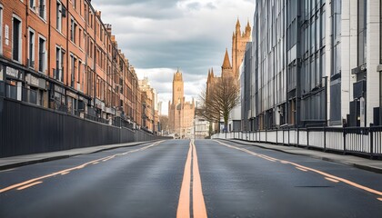 Quiet urban street in Manchester with buildings lining the empty road