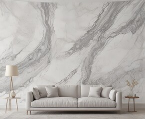 Leinwandbilder - A modern living room with a white sofa, a floor lamp, and a marble wall mural