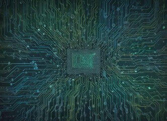 Fototapete - a complex circuit board with a central green circuit board surrounded by a network of intricate blue and green lines, creating a visually striking and
