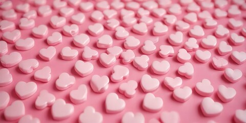 Leinwandbilder - A close-up view of numerous small pink heart-shaped candies arranged in a grid-like pattern on a pink background