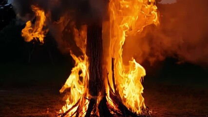 Poster - Blazing bonfire illuminates the night sky with fiery flames and billowing smoke, creating a hazardous yet captivating scene of nature's power