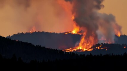 Poster - Raging wildfire engulfs trees, sending flames into the night sky and creating a massive plume of smoke, highlighting the impact of climate change and global warming
