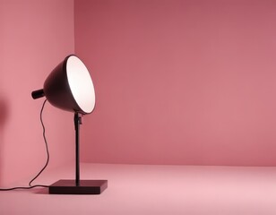 Poster - A black table lamp with a round shade and a long black cord stands on a black base, positioned against a pink wall