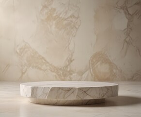 Leinwandbilder - Marble pedestal with a round base and a flat top sits on a light-colored marble floor, with a beige marble wall in the background
