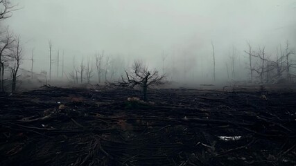 Poster - Lone tree stands tall in a snowy, foggy deforested area, creating a haunting and desolate atmosphere that reflects the impact of environmental damage