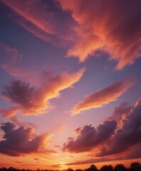 Poster - A breathtaking sunset scene with vibrant orange and pink clouds illuminated by the setting sun, creating a stunning display against the deep blue sky