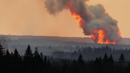 Poster - Massive wildfire blazing through a forest. Engulfing everything in its path with red and orange smoke glowing in the sunset