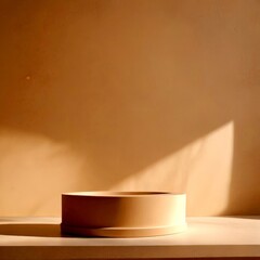 Leinwandbilder - A simple, round, beige ceramic object sits on a white surface, casting a shadow on the wall behind it