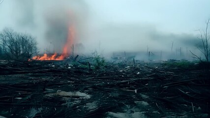 Poster - Wildfire burning through a forest leaving a trail of destruction and ash, illustrating the devastating effects of climate change