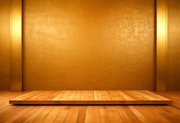 Poster - A wooden stage with a polished wooden floor and a gold-colored wall in the background