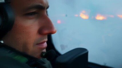 Poster - Helicopter pilot is illuminated by the intense glow of a wildfire raging across the landscape below, highlighting the danger and destruction of the inferno
