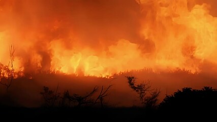 Poster - Raging flames shoot up, orange smoke billows through forest, creating fiery destruction. Heat and glow pose dangerous threat, fueled by burning trees