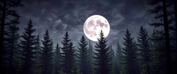Poster - A full moon shines brightly over a dense forest, casting an ethereal glow on the surrounding pine trees