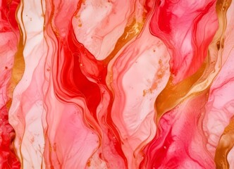 Leinwandbilder - a vibrant abstract pattern composed of pink and red hues, with gold accents adding depth and contrast The pattern is composed of vertical lines and swirls, creating a dynamic
