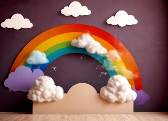 Poster - A whimsical scene featuring a large rainbow arching across a dark background, with fluffy white clouds and a light brown bed frame in the foreground