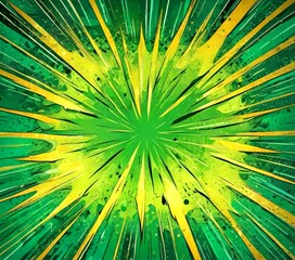 Poster - a vibrant, abstract explosion-like design with a central green and yellow burst radiating outwards in a radial pattern