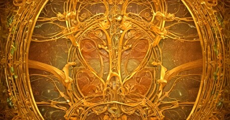Poster - an intricate, ornate golden design with a symmetrical pattern of organic shapes and lines, creating a visually striking and detailed composition