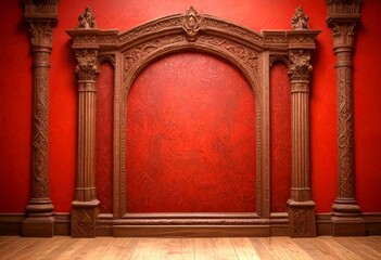 Leinwandbilder - An ornate wooden archway with intricate carvings and columns stands against a red wall, creating a striking and dramatic interior setting
