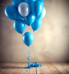 Poster - A cluster of blue and white balloons floats against a beige wall, with one balloon appearing to be deflating and another one hanging from the ceiling