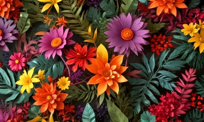 Leinwandbilder - A vibrant and lush floral pattern featuring a variety of colorful flowers and leaves, including pink, orange, yellow, and purple blooms, against a dark background