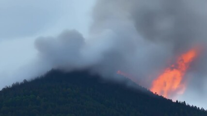 Poster - Billowing smoke rises above a mountain forest fire, creating an ominous and dramatic scene of environmental destruction