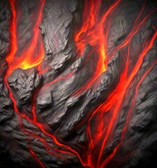 Aufkleber - a close-up view dark, rocky surface with a fiery, molten lava flow cascading down its sides The lava, glowing in shades of orange and red, creates a dynamic and