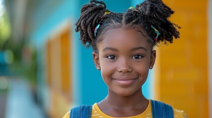 Canvas Print - A young girl with curly hair and a yellow shirt is smiling