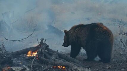 Poster - Brown bear walks through a burnt forest after a wildfire, searching for food in a dangerous environment, showing the impact of climate change on wildlife survival