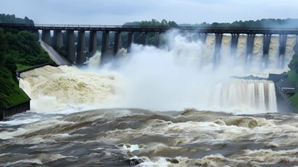Aufkleber - Hydroelectric power plant is releasing a massive amount of water for flood control, showcasing the power and potential danger of water management