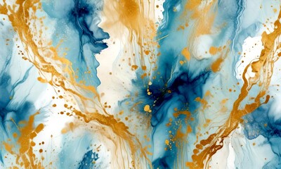 Poster - an abstract pattern with blue and gold hues, resembling a swirling, marbled effect The pattern is composed of splashes of blue and gold paint, with gold lines and