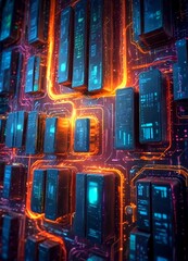 Fototapete - a complex network of interconnected electronic devices, with a vibrant mix of orange, green, and blue hues The devices are arranged in a grid-like pattern, creating a sense