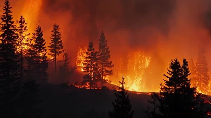 Poster - Flames leap in the night sky as a wildfire burns through a forest, engulfing trees. Heat and smoke create a dangerous inferno, highlighting devastation caused by this uncontrollable disaster
