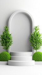 Poster - White Minimalist Product Display with Plants and Arch.