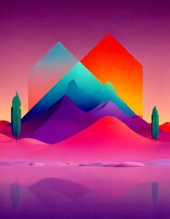 Aufkleber - a digital illustration serene landscape with mountains, trees, and a body of water The mountains are depicted in a gradient of colors, transitioning