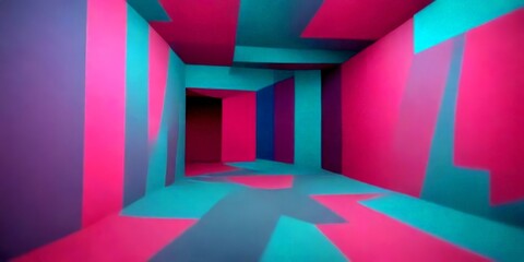 Leinwandbilder - a long, narrow room with walls painted in a vibrant mix of pink and blue, creating a visually striking and immersive environment