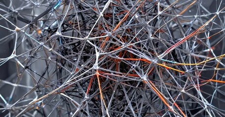 Poster - a close-up view complex network of thin, interconnected wires and strands, creating a dense, tangled web-like structure