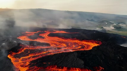 Poster - Molten lava flows down the side of a volcano, creating a river of fire in a desolate landscape shrouded in smoke and ash