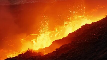 Poster - River of lava flowing between rocks, creating a scene of intense heat and geological activity. The molten rock glows with a fiery intensity, illuminating the surrounding landscape
