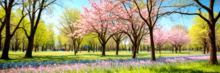 Poster - A serene park scene with a winding path, lush green grass, and trees in full bloom with pink blossoms, set against a clear blue sky