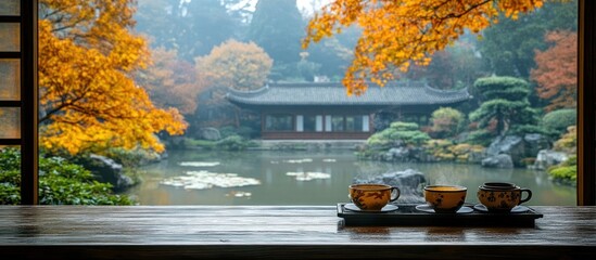 Wall Mural - Three teacups on a wooden table with a view of a pond and a traditional building surrounded by fall foliage.