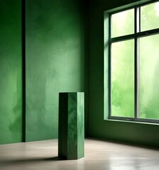 Fototapete - A minimalist room with a large window, green walls, and a green rectangular object in the corner