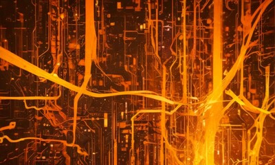 Leinwandbilder - a complex network of interconnected lines and tubes, creating a dense, intricate pattern The colors are predominantly orange and black, with occasional