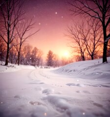 Aufkleber - A serene winter landscape at sunset, with snow-covered trees and a winding path leading towards the horizon, where the sun is setting behind the trees