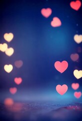 Leinwandbilder - Soft, blurred heart shapes in various shades of pink and red float against a dark blue background, creating a dreamy, romantic atmosphere