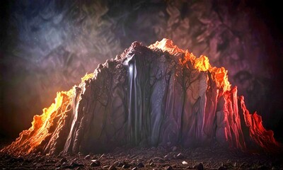 Aufkleber - A dramatic, dark landscape with a towering, rocky formation illuminated by a single light source, creating a striking contrast between the dark background and the illuminated