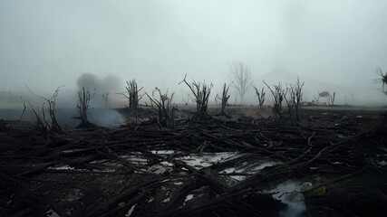Poster - Smoke is rising from the charred remains of trees in a forest destroyed by wildfire, with a dense fog adding to the eerie atmosphere