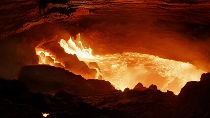 Poster - River of fiery molten lava is flowing inside an underground cave, creating a scene of mesmerizing beauty and intense heat