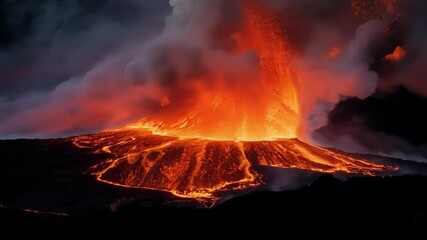 Poster - Massive plume of smoke and ash rising from the caldera of an erupting volcano, glowing orange lava flowing down the slopes