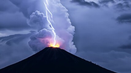 Poster - Lightning bolt strikes an erupting volcano at twilight, creating a dramatic scene with an ash cloud and captivating sky, showcasing nature's raw power and danger