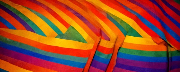 Aufkleber - a close-up view vibrant, multicolored fabric with diagonal stripes in various shades of red, orange, yellow, green, blue, and purple
